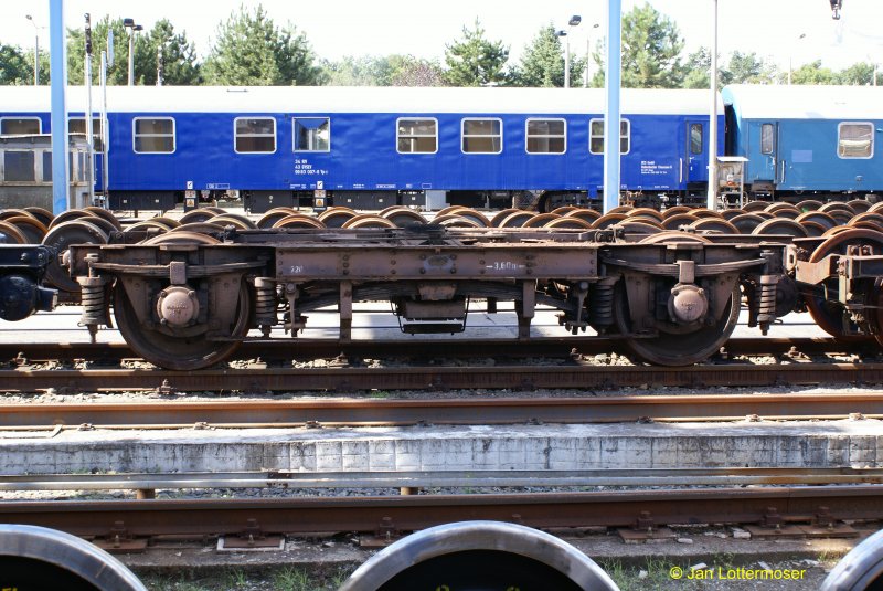 30.08.2008. Das Drehgestell eines alten Personenwagens vor seiner Aufarbeitung im  SFW Schienenfahrzeugwerk Delitzsch GmbH  anlsslich der 100 Jahr Feier.