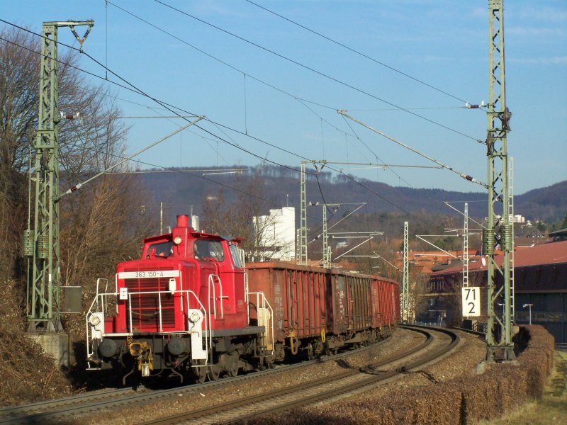 363 150-4 auf ihrer kurzen Fahrt von Aalen nach Essingen(bei Aalen). Aufgenommen kurz hinter der Ausfahrt aus dem Bahnhof Aalen am 23.Januar 2008.