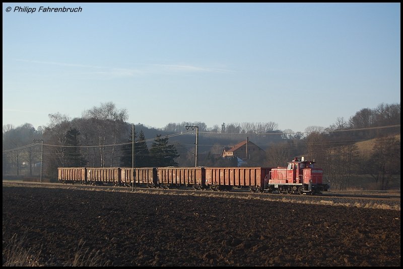 363 150-4 bringt am 25.01.08 ihren FZT 56091 von Essingen nach Aalen, aufgenommen am Kilometer 68,2 der Remsbahn (KBS 786).