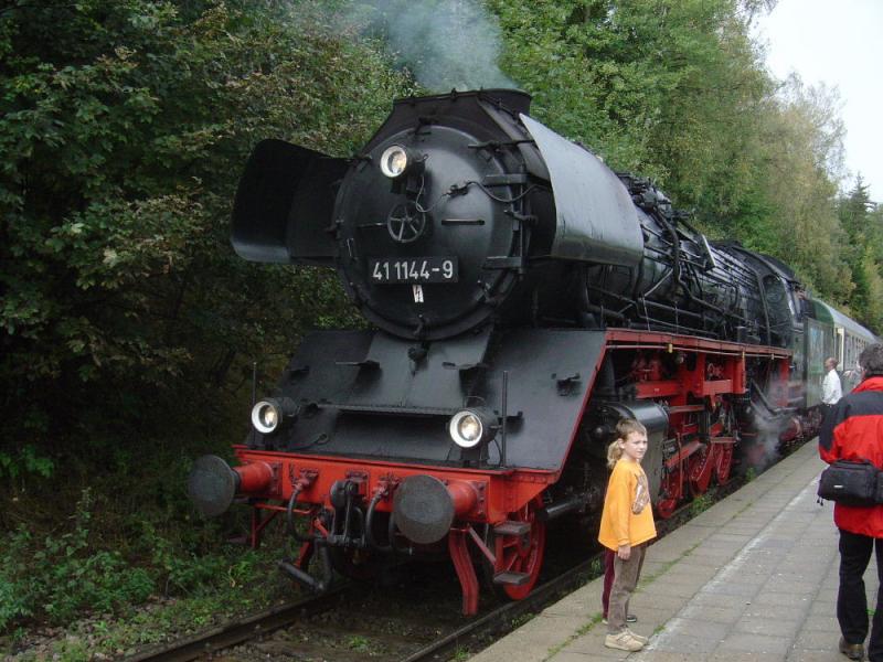 41 1144-9 ist am 25.09.2004 der Vorspann fr den Elstertalexpress (Gera - Cheb). Hier bei einem kurzen Stop in Bad Brambach, wo eine Tschechische Diesellok der Reihe 742 als Zuglok vorgespannt wird.