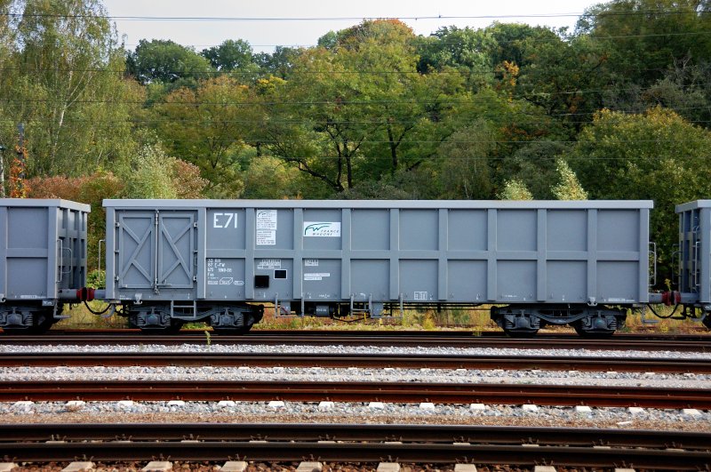 42 dieser schwer an einen Eaos-Wagen erinnernden Hochbordwagen zog der  WLB-Taurus  hinter sich her. Hier ein sogenannter Fas-Wagen von France-Waggon. Auffllig die an den Wagenenden montierten Doppeltren. (Neuoffingen, 2. Oktober 2008).