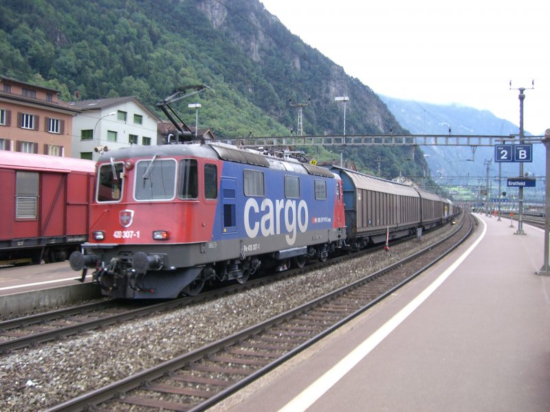 420 307 hat sich in Erstfeld an das Ende des von der (auch heute eingestellten) Re10/10 gezogenen Gterzuges gesetz um diesen ber den Gotthard nachzuschieben. (16.08.2007)