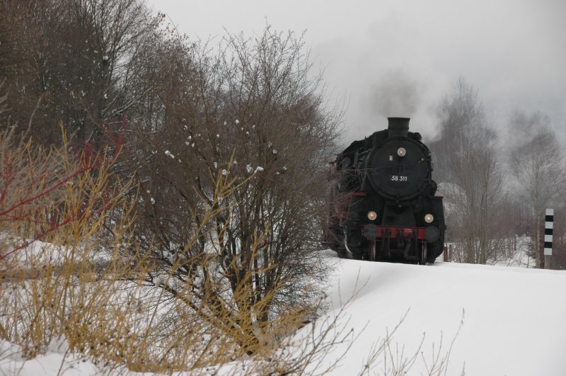 58 311 mit Fotog�terzug im Th�ringer Wald kurz vor Viernau, 21.02.09