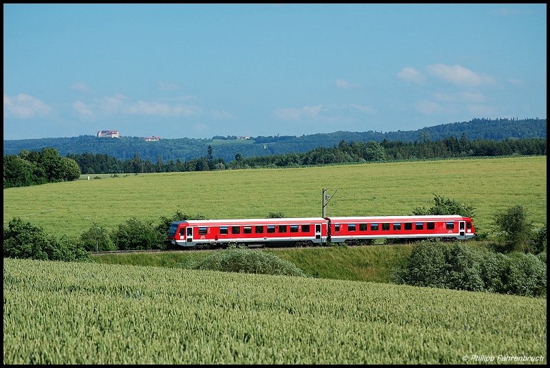 628 334 ist am frhen Abend des 27.06.08 unterwegs als RE 22532 von Ulm Hbf nach Crailsheim, aufgenommen bei Rainau-Buch am Km 2,0 der Oberen Jagsttalbahn (KBS 786).