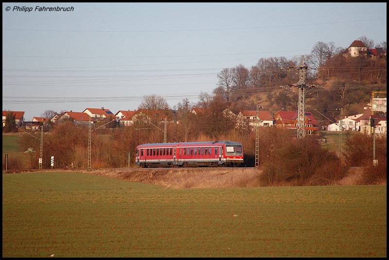628 344-4 fhrt am 06.03.08 als RE 22532 von Ulm Hbf nach Crailsheim, aufgenommen bei Aalen-Hofen.