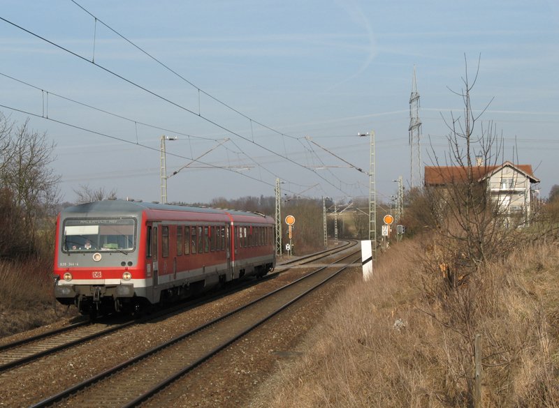 628 344-4 fuhr am Nachmittag des 23.02.2008 nach Ulm Hbf. Hier kurz vor dem nchsten Halt, dem Haltepunkt Hofen, aufgenommen.
