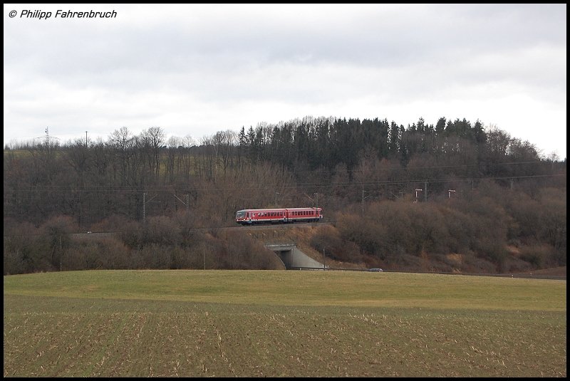 628 344-4 verkehrt am 02.02.08 als RE 22527 von Ellwangen nach Ulm Hbf, aufgenommen bei Aalen-Oberalfingen.
