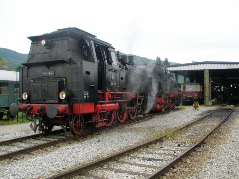 64 491 und Elna 6 vor dem Lokschuppen am 12.7.09