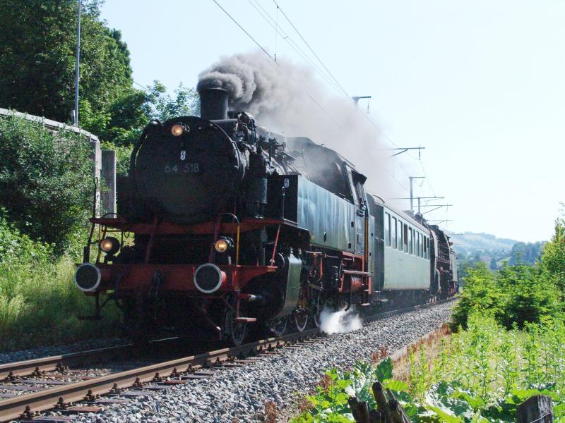 64 518 (ex DB) des Vereins Historische Eisenbahn Emmental, VHE Bi 538 (ex EBT), Tabaklok 01.22 und E 3/3 Nr.6 der Papierfabrik Perlen am 29.5.05 zwischen Ebikon und Luzern