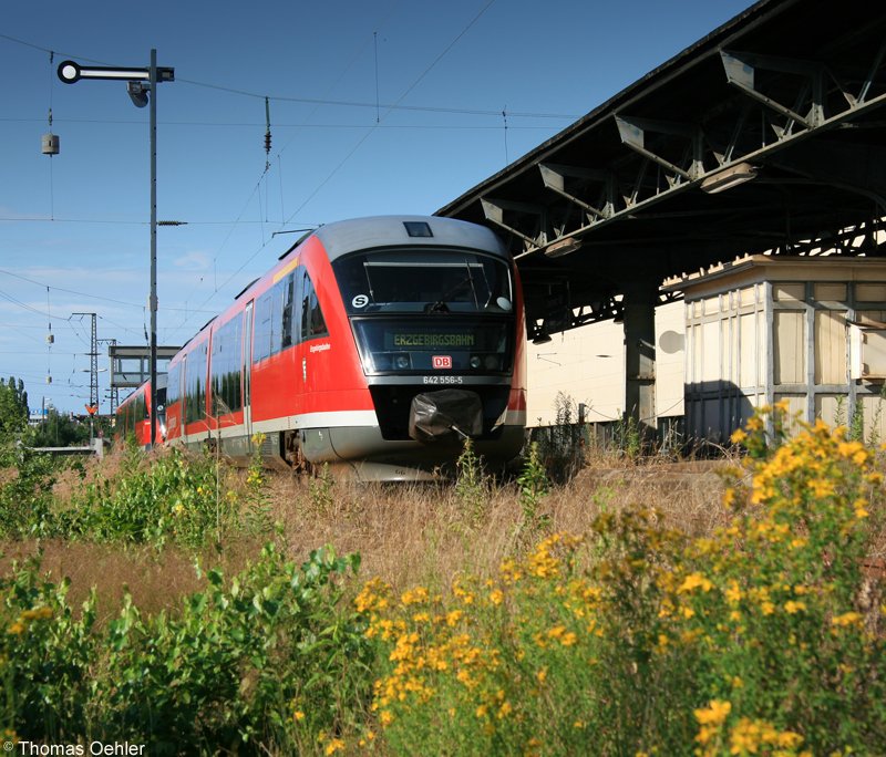 642 556 steht am 17.06.07 mitten im Kraut am Auenbahnsteig des Hbf Chemnitz. Wie man sieht, kann der Bewuchs auch gut als Kulisse fr eine schne Aufnahme in Szene gesetzt werden.