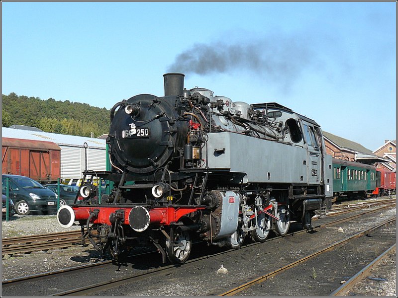 64.250 (BJ 1933) ist eine deutsche Lok (Bubikopf) der Firma Henschel aus Kassel und geh�rt einem Mitglied des Vereins CFV3V (Chemin de fer � vapeur des trois vall�es). Sie wurde der DB als Schrotthaufen abgekauft und in 7 j�hriger Arbeit durch die Mitglieder des Vereins wieder betriebsf�hig gemacht. Am 28.09.08 rangiert sie im Bahnhof von Treignes, um sich wieder an die Spitze des Zug nach Mariembourg zu setzen. (Hans)