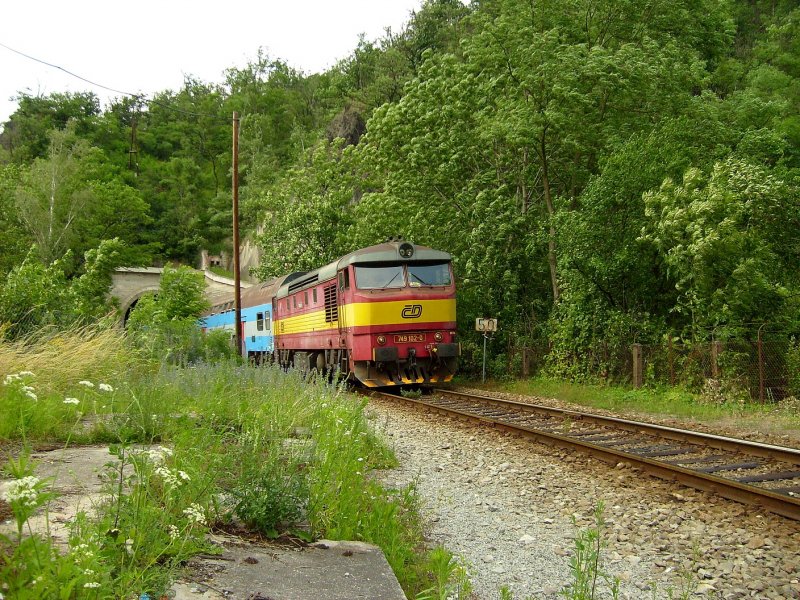 749 102 mit einem Personenzug an einer von den schnsten Strecken  in Tsechien. (Davle, 27.6.08)