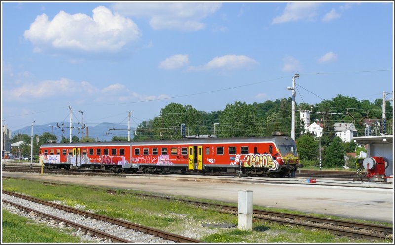 813-119 neu bemalt und leider schon wieder verunstaltet wartet in Celje auf die nchste Fahrt. (14.05.2008)