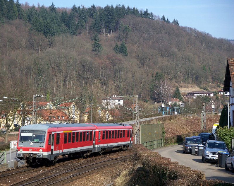 928 289 als RB nach Heidelberg kurz vor Heidelberg Karlstor, 23.02.08.