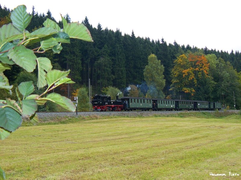 99 1590-1 rollt mit ihrem Personenzug nach Steinbach. Aufgenommen am 03.10.2008 zwischen dem Bahnhof Schmalzgrube und dem Hp Forellenhof.