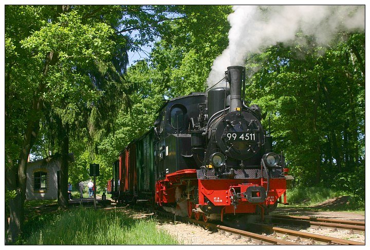 99 4511 der Prenitztalbahn vor einem Pollo-Museumszug in Brnkendorf, aufgenommen am 18.05.2007.