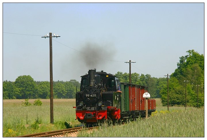 99 4511 vor einem Schmalspur-Gterzug vor Lindenberg. Aufgenommen whrend einer Fotoveranstaltung am 18.Mai 2007 bei der Pollo Museumsbahn.