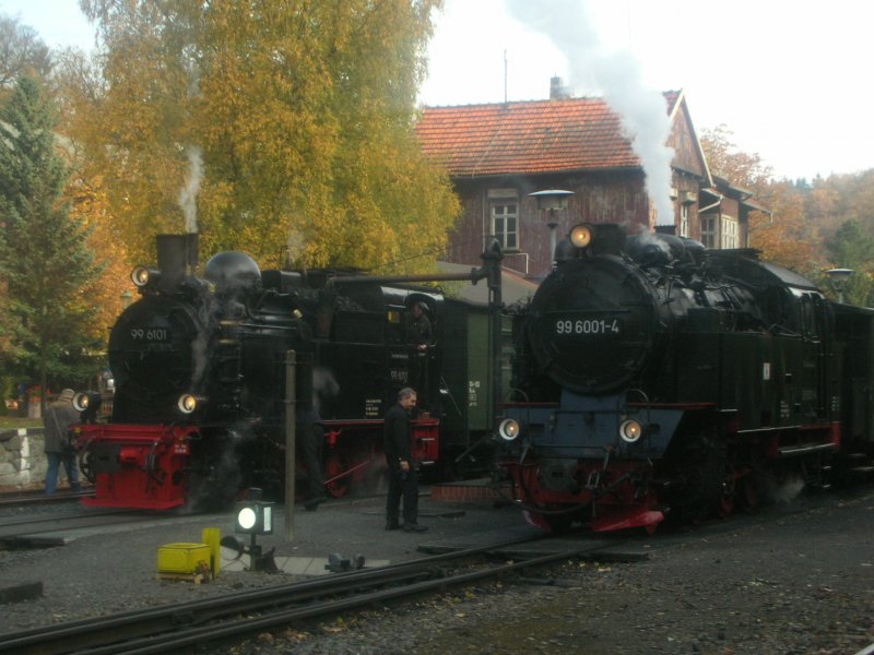 99 6001 und 99 6101 im Bahnhof Alexisbad mit Sonderzgen der IG - HSB am 18.10.08