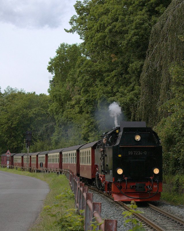 99 7234-0 fhrt mit ihrem Zug vom Brocken kommend durch Wernigerode dem selbigen Endbahnhof entgegen. 31.07.2009