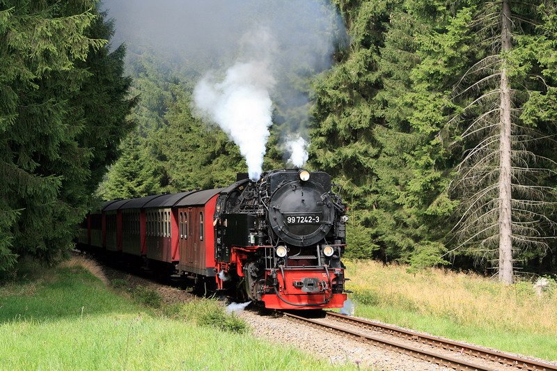 99 7242-3 kurz hinter dem Bahnhof Elend am h�chsten Punkt der Harzquerbahn ! Immer wieder sehr beeindruckend wie ich finde !