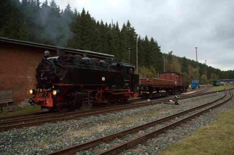 99 731 stand am Abend des 04.10.09 mit ihren kurzem Gterzug in Schnheide Sd an der Rollwagengrube.