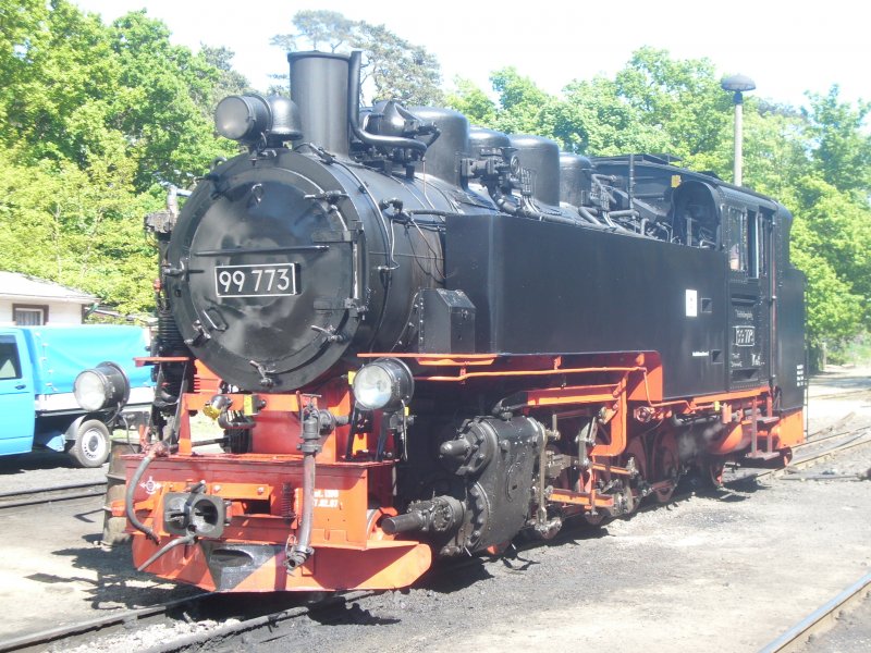 99 773 hat einen Personenzug am 22.05.2008 nach G�hren gebracht und nimmt f�r die R�ckfahrt am Lokschuppen Wasser.