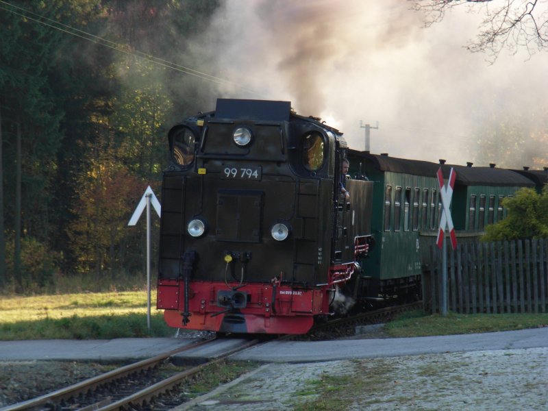 99 794 mit dem P 2020 von Oberwiesenthal nach Cranzahl bei der Einfahrt in den Bahnhof Hammerunterwiesenthal, 12.10.08