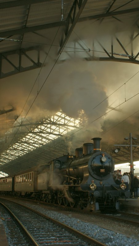 A 3/5 705 mit dem Dampfzug 33036 kurz vor der Abfahrt in Lausanne.
Da die Bahnhofshalle von Lausanne nach der Renovation die ursprngliche Belftungsffnung im Scheitel verloren hat, bietet sich dank der tief stehenden Sonne ein interessantes Rauch/Dampf- Schatten/Lichtspektakel. 
16. November 2008