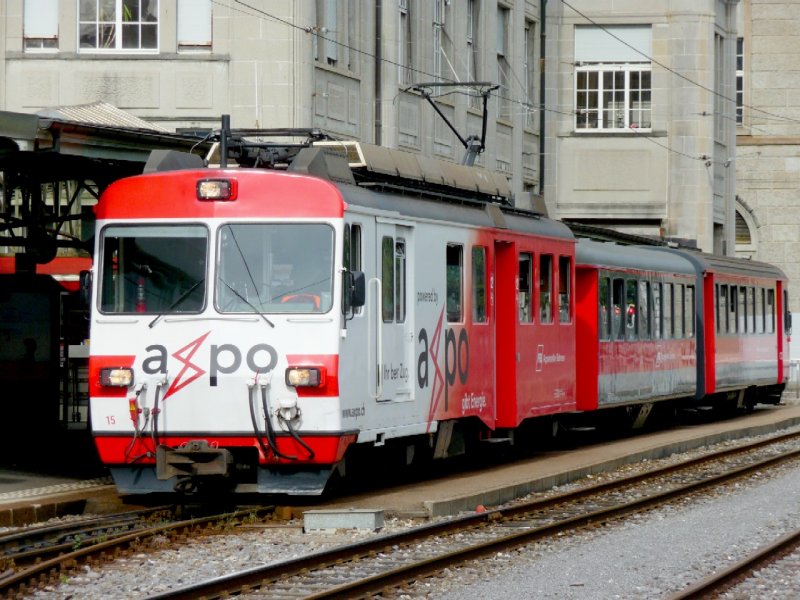 AB - Zahnradtriebwagen BDeh 4/4 15 mit Werbung vor Regio nach Appenzell im Bahnhof von St.Gallen am 03.09.2008