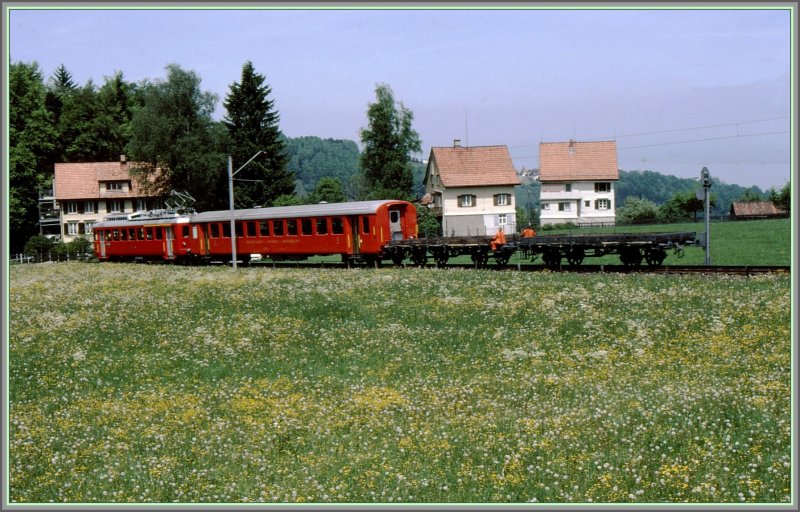 ABDeh 2/4 24 mit B10 und zwei Dienstwagenbeim Einfahrsignal von Heiden. Das war der Blick aus meinem Schlafzimmer im Elternhaus.(Archiv 05/81)