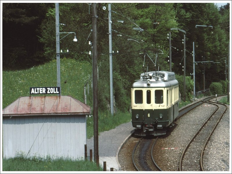 ABDeh 4/4 6 der SGA bei der Haltestelle Alter Zoll zwischen Altsttten SG und Gais. (Archiv H.Graf Mai 1977)