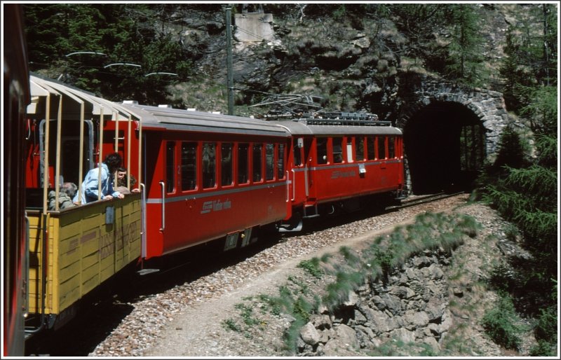 ABe 4/4 35 kurz vor Erreichen von Cavaglia. Dank der usserst warmen Witterung, fhrt der Zug bereits im Juni einen Aussichtswagen mit sich. (Archiv 06/83)