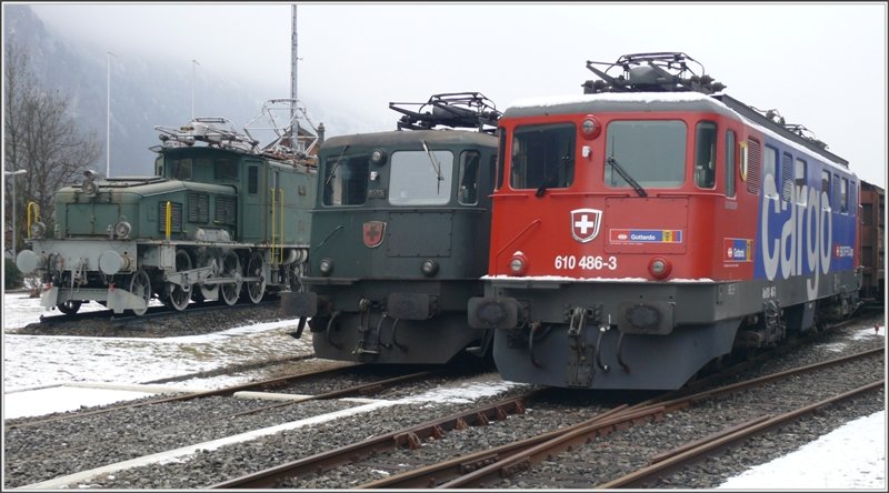 Abgestellt in Erstfeld 610 486-3 neben Ae 6/6 11505 und Ce 6/8 II 14270. (10.01.2009)