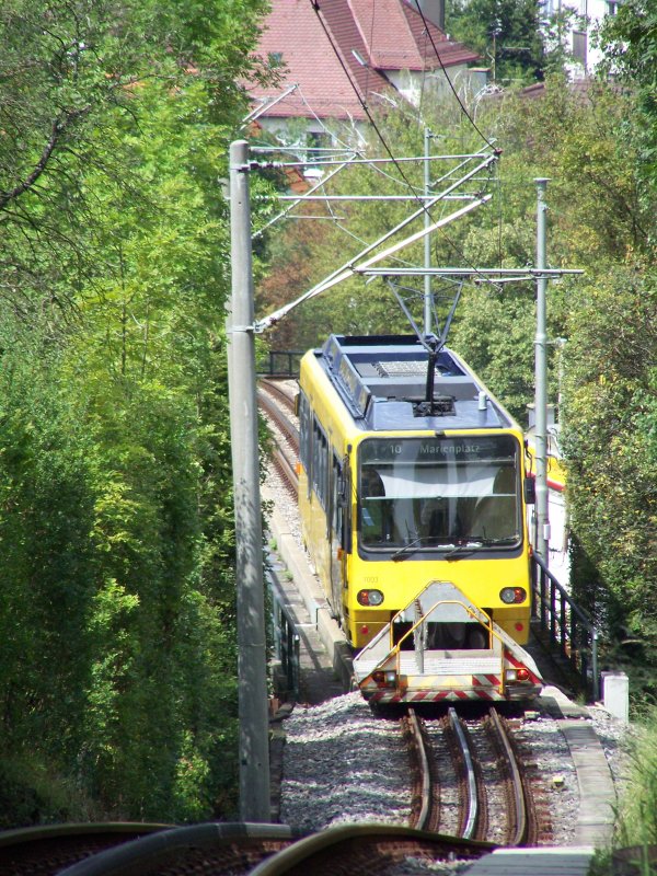 Achterbahn zwischen Stuttgart-Degerloch und Marienplatz. Doch nach meiner Meinung ist der Fahrkomfort sehr angenehm.
Aufnahme: Linie 10 nach Marienplatz. Aufgenommen am 13.August 2007