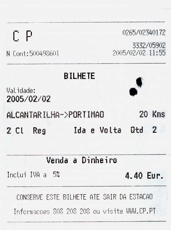 ALCANTARILHA (Distrikt Faro), 02.02.2005, ein Fahrschein für zwei Personen von Alcantarilha nach Portimão und zurück, gelöst im Zug -- Fahrkarte eingescannt