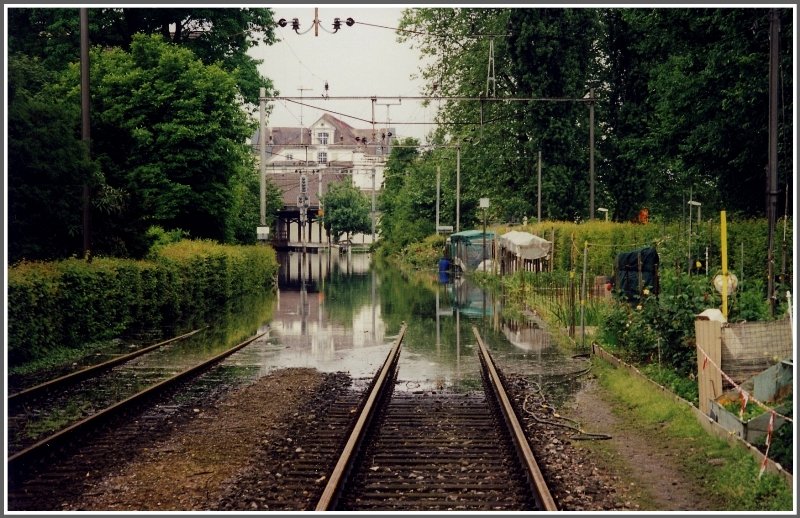 Als Ergnzung zu Werner Brutzers Hochwasserbild von 1987, folgen hier drei Bilder aus dem Jahre 1999. Da keine Ae 3/6 und Ae 4/7 mehr vorhanden waren, und um Gebudeschden durch wellenschlagende Lokomotiven in Rorschach Hafen zu vermeiden,  wurde der Zugsverkehr eingestellt. Die Aufnahme erfolgte vom Strassenbergang Seite Rorschach, das zum Glck etwas hher liegt als der Hafenbahnhof. (Pfingsten 1999)