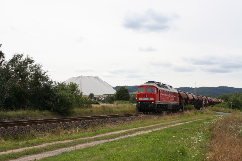 Als Gegenleistung befrderte sie einen vollen Zug von Heringen(Werra) nach Gerstungen. Hier bei Dankmarshausen, im Hintergrund der  Monte Kali . 31.07.09