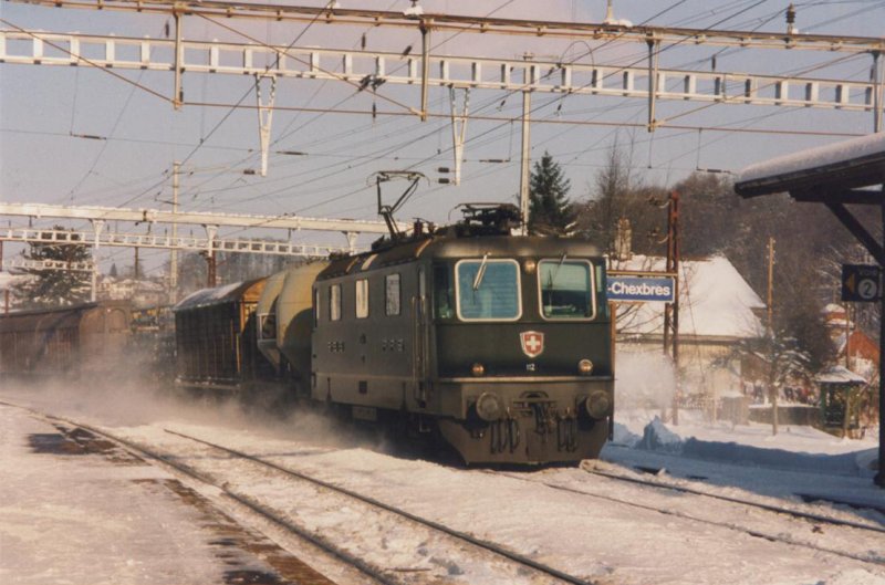 Als grne Loks noch keine Seltenheit waren, fotografierte ich am 4. Januar 1995 die Re 4/4 II 11243 mit einem Gterzug in Puidoux -Chexbres und drehte mich dann rasch um...  