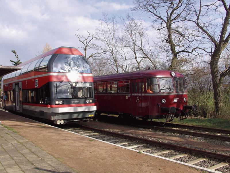 Alt und neu eintrchtig nebeneinander: Der Uerdinger-Schienenbus und sein Nachfolger, aufgenommen am 23.Mrz 2002 im Bahnhof Wrlitz.