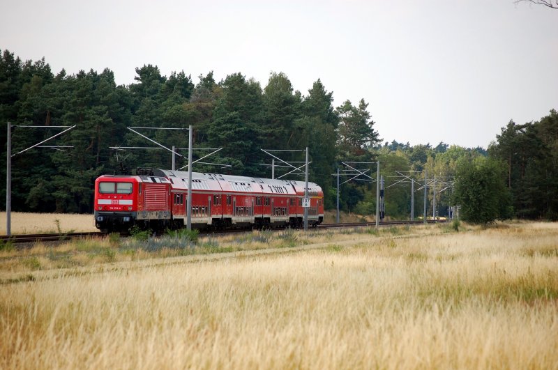 Am 03.07.2008 114 014-4 mit RE 3 nach Stralsund unterwegs zwischen Rckersdorf und Doberlug-Kirchhain.