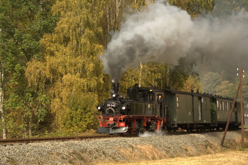 Am 03.10.09 ist 99 542 zwischen Hp Forellenhof und Bahnhof Schmalzgrube unterwegs.