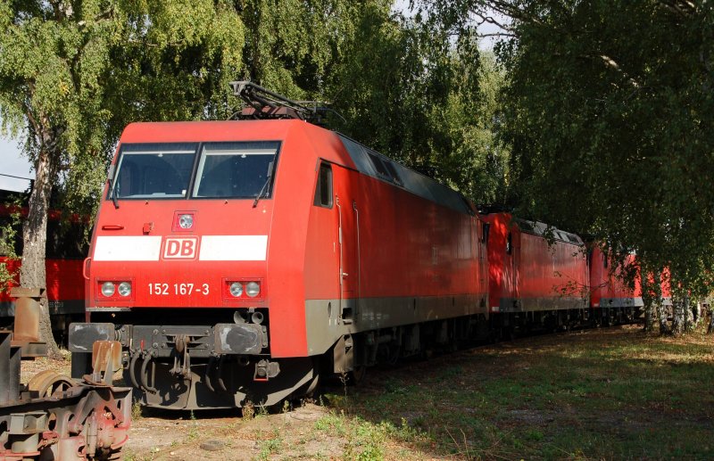 Am 12.09.09 konnte ich mich einer kleinen Fhrung anschlieen, die uns die abgestellten Loks zeigte. Die DB hat die Untersuchung wegen der Wirtschaftskrise auf 2010 verschoben. Hier steht 152 167 zusammen mit anderen Loks im Gelnde und wartet auf ihr weiteres Schicksal.