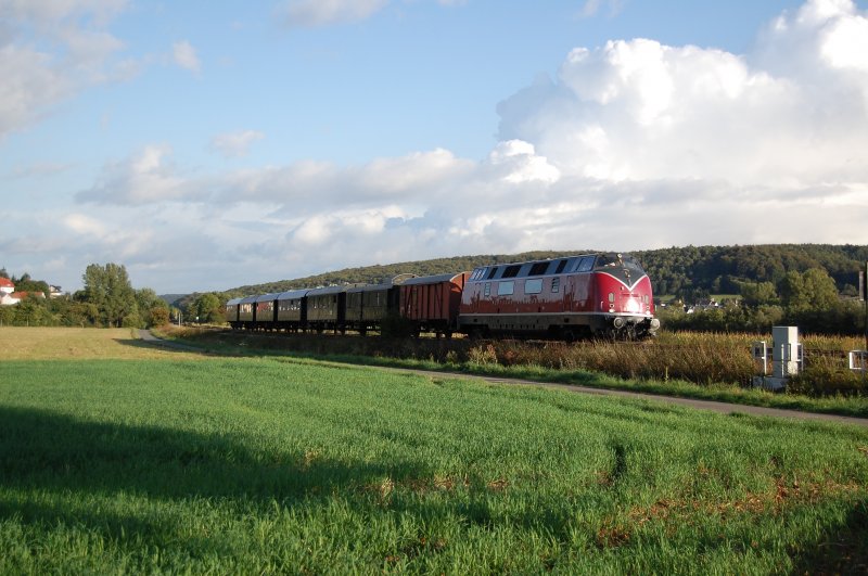Am 13.09.09 fuhr V 200 033 mit ihrem Sonderzug von Holzminden nach Hamm durch die Feldmark zwischen Istrup und Herste, kurz vor Bad Driburg.