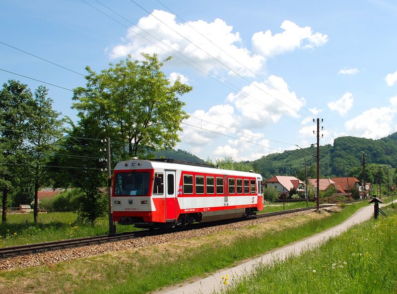 Am 20. Mai 2009 fuhr der 5090 009-1 als Regionalzug von Laubenbachmhle nach St.Plten. Diese Aufnahme zeigt den Zug wenige Meter vor dem Bahnhof Kirchberg an der Pielach.