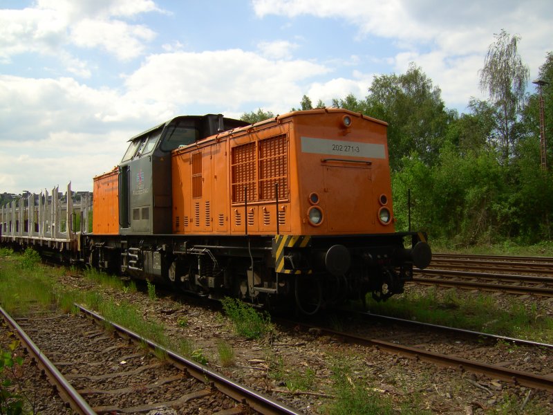 Am 22.05.08 wartet 202 271-3 der Bocholter Eisenbahn mit einem Holzzug auf die Ausfahrt aus der Holzverladestelle im Bahnhof Arnsberg.