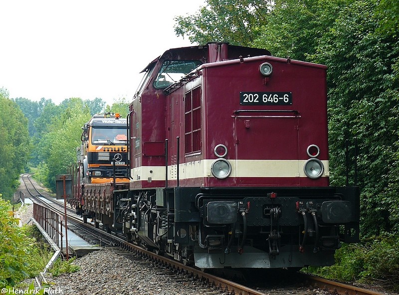 Am 23.06.2009 war 202 646 auf der BSg-Linie unterwegs. Beladen war einer der beiden Res-Wagen mit einem LKW, welcher zum aussplen der Brcken diente. Aufgenommen in der Ortslage von Schlettau.