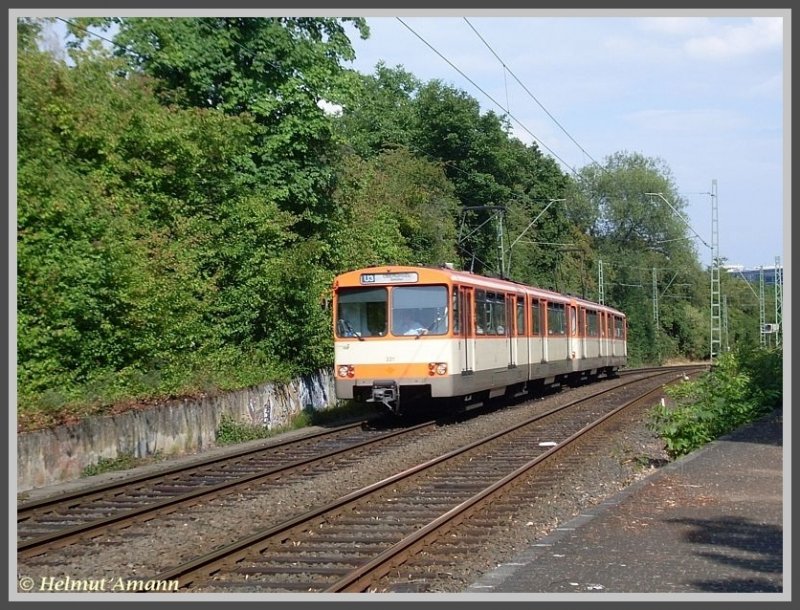 Am 25.07.2008 befand sich auf der Linie U3 ein Zwei-Wagen-Zug vom Typ U2h in der alten Farbgebung im Einsatz. Insgesamt gibt es nur noch drei Fahrzeuge dieses Typs, die noch die Lackierung aus der ra des Frankfurter Verkehrs- und Tarifverbundes haben. Bei bestem Fotolicht konnte ich den Zug zwischen den Stationen Wiesenau und Niederursel auf den Speicherchip bannen.