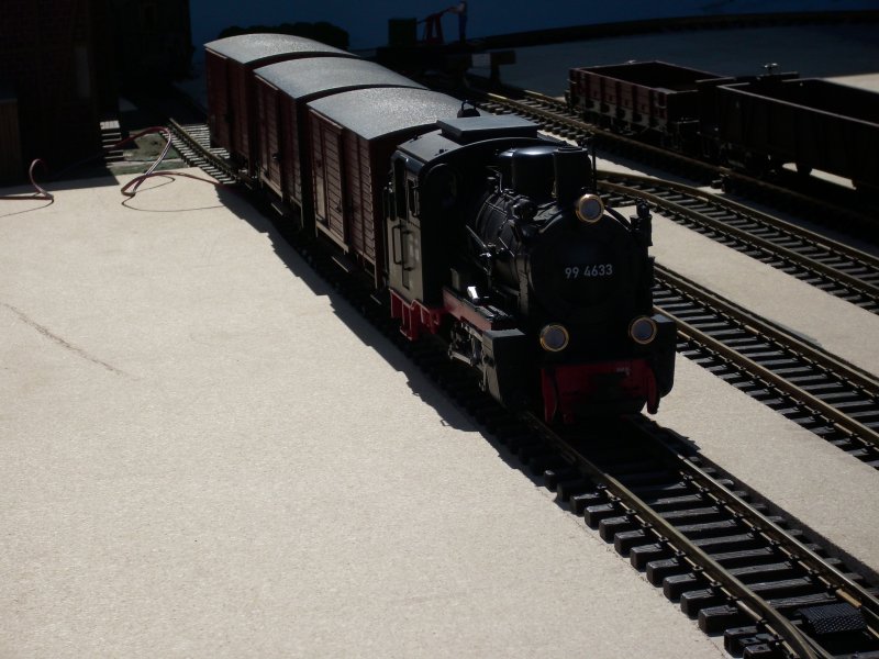 Am 25.April 2009 lud das schne Wetter zu einer kleinen Gartenbahnausstellung nach Putbus ein.
Ausgestellt war auch dieser Gartenbahngterzug mit der 99 4633 auf der Ladeflche von einem Schmalspurgterwagen.