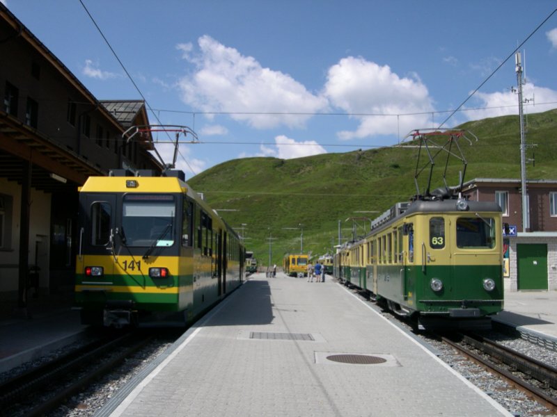 Am 28.06.2005 stehen in der Station Kleine Scheidegg mehrere Zge verschiedener Generationen zur Abfahrt bereit. Die Zge im Vordergrund fahren nach Grindelwald, die im Hintergrund nach Lauterbrunnen. Trotz das beide Strecken von der Wengernalpbahn betrieben werden, gibt es keine Direktzge Grindelwald-Kleine-Scheidegg-Wengen-Lauterbrunnen, da betrieblich, der Triebwagen immer auf der Talseite fahren muss. Mglich wre es aber trotzdem, da sich in Kleine Scheidegg ein Wendedreieck befindet, welches aber im Regelbetrieb nicht genutzt wird.