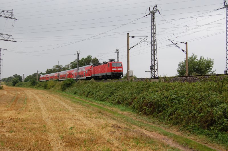 Am 28.07.2007 zieht die 143 585-8 den RE von Leipzig nach Dresden, hier nach Priestewitz. 